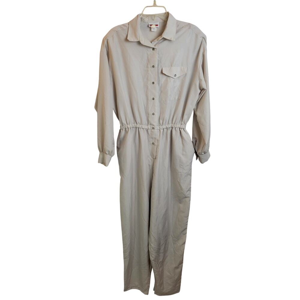 VTG Judy Bond Taupe One Piece Button Up Long Sleeve Jumpsuit Women's Size Medium